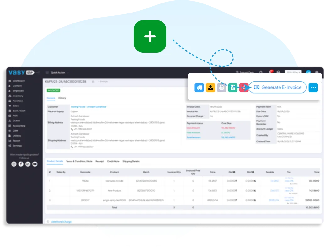 VasyERP dashboard showing an invoice with a highlighted 'Generate E-Invoice' button, demonstrating quick and GST-compliant e-invoice generation directly from ERP data