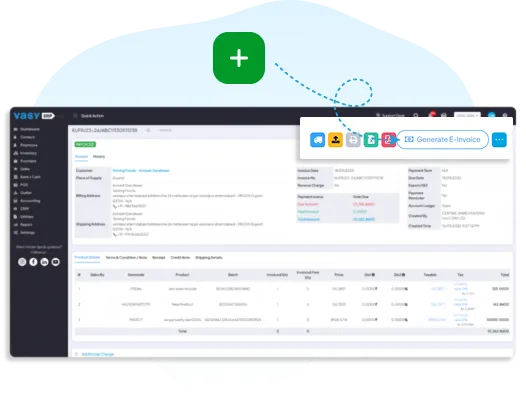 VasyERP dashboard showing an invoice with a highlighted 'Generate E-Invoice' button, demonstrating quick and GST-compliant e-invoice generation directly from ERP data