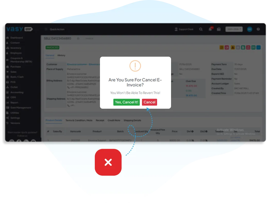VasyERP 24-hour e-invoice cancellation with confirmation prompt, GST-compliant and audit-ready adjustments