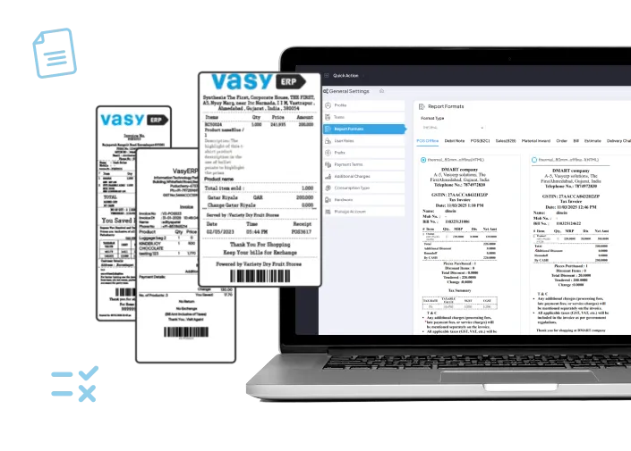 Invoice template customization screen with pre-designed GST-ready formats, logo branding, flexible layouts, fonts, and professional compliant designs
