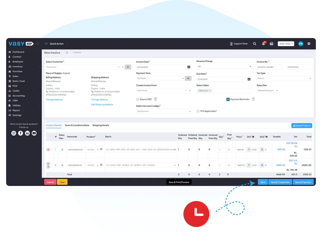 VasyERP dashboard showing real-time e-invoice submission and tracking, with instant IRN & QR code generation, live status alerts, and easy retry for failed invoices