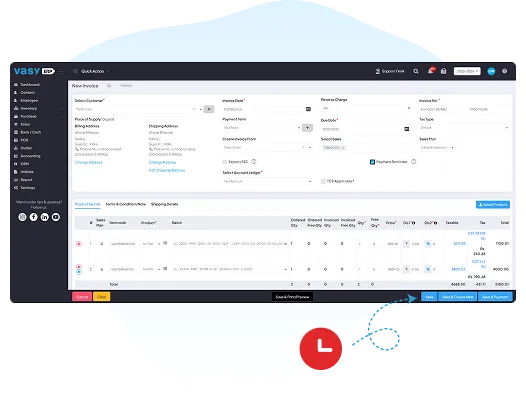 VasyERP dashboard showing real-time e-invoice submission and tracking, with instant IRN & QR code generation, live status alerts, and easy retry for failed invoices