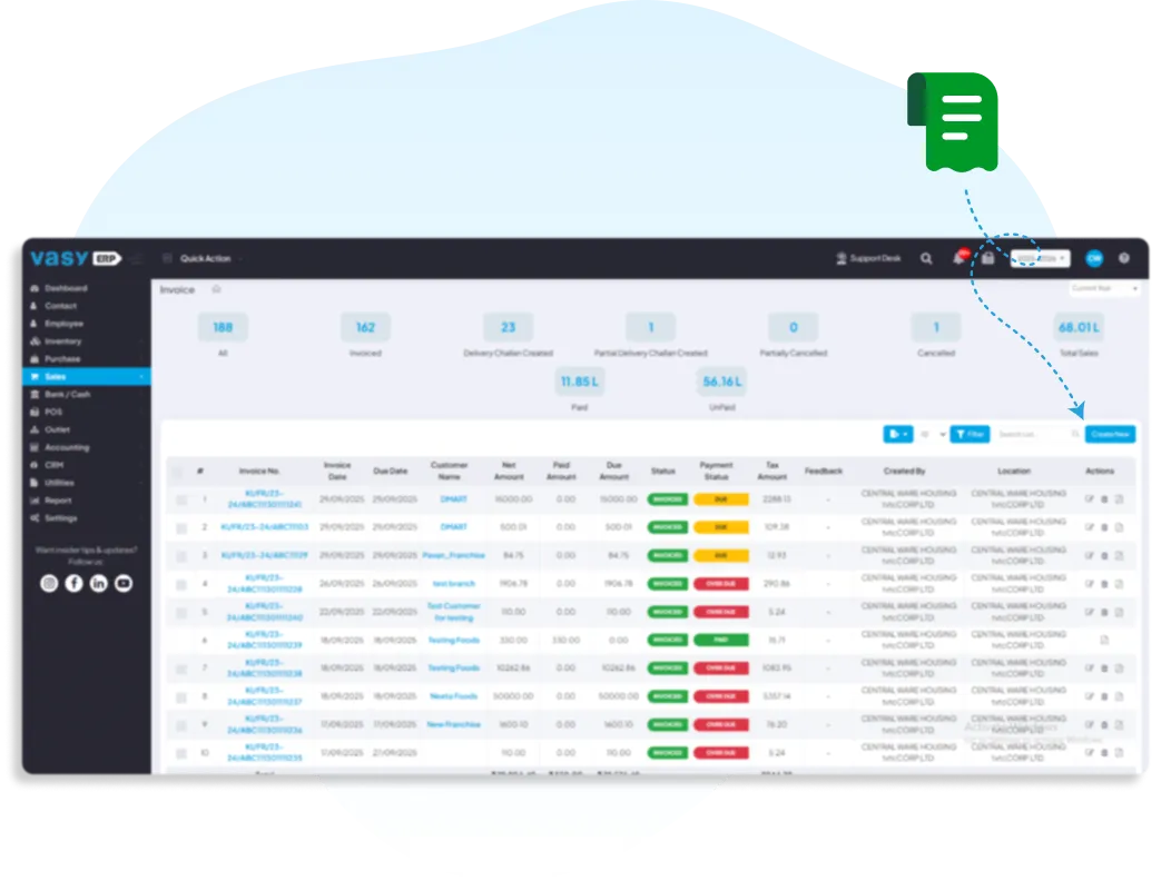 Dashboard showing seamless B2B and B2C billing management with options for multiple GSTINs, bulk e-invoice uploads, and real-time invoice tracking.